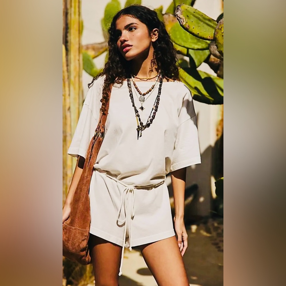 Casual Cream T-Shirt Romper with Drawstring Waist